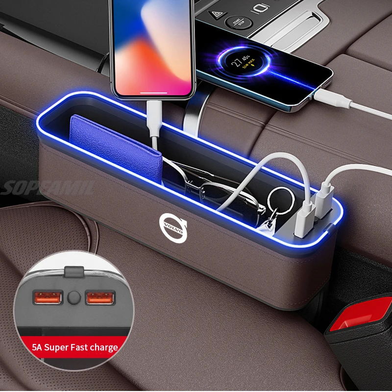 Volvo XC40 XC60 XC70 XC90 C30 S40 S60 S80 S90 V40 V60 V70 V90 Car Seat Gap Slot Crevice Storage Box With USB Charging Organizer