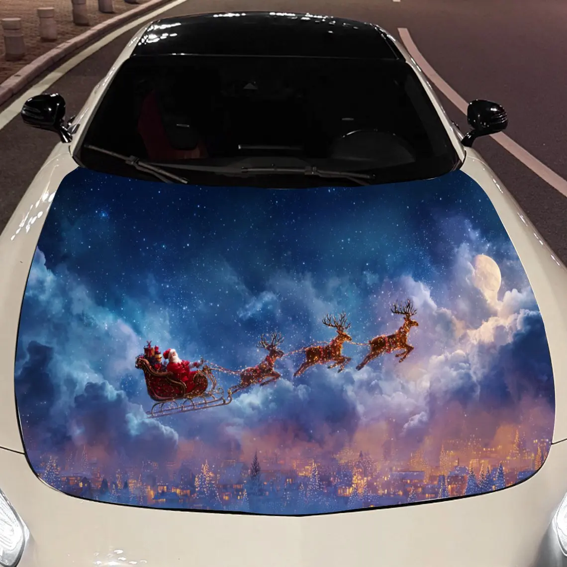 

Cloud Fairy Tale Spectacle of Santa and Reindeer Sleigh Car Vinyl Wrap, PVC Material Waterproof Car Hood Sticker, Self-Adhesive