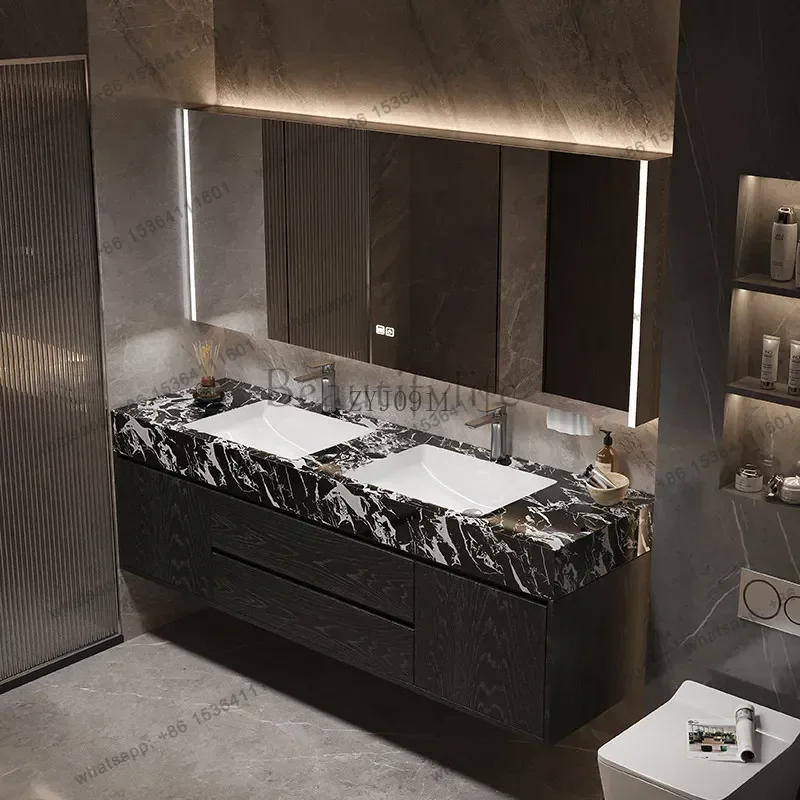 

Modern light luxury rock slab double basin solid wood paint bathroom cabinet combination washstand cabinet