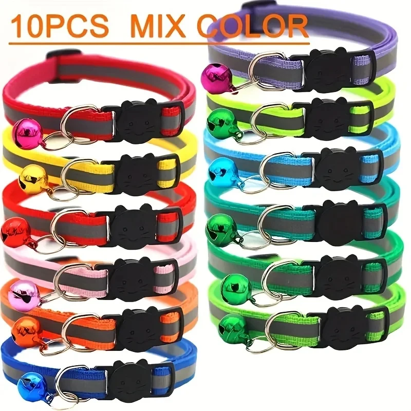 10-Pack Reflective Breakaway Cat Collars with Bells & Round Ears, Durable Polyamide Material, Adjustable Safety Pet Collar Set w