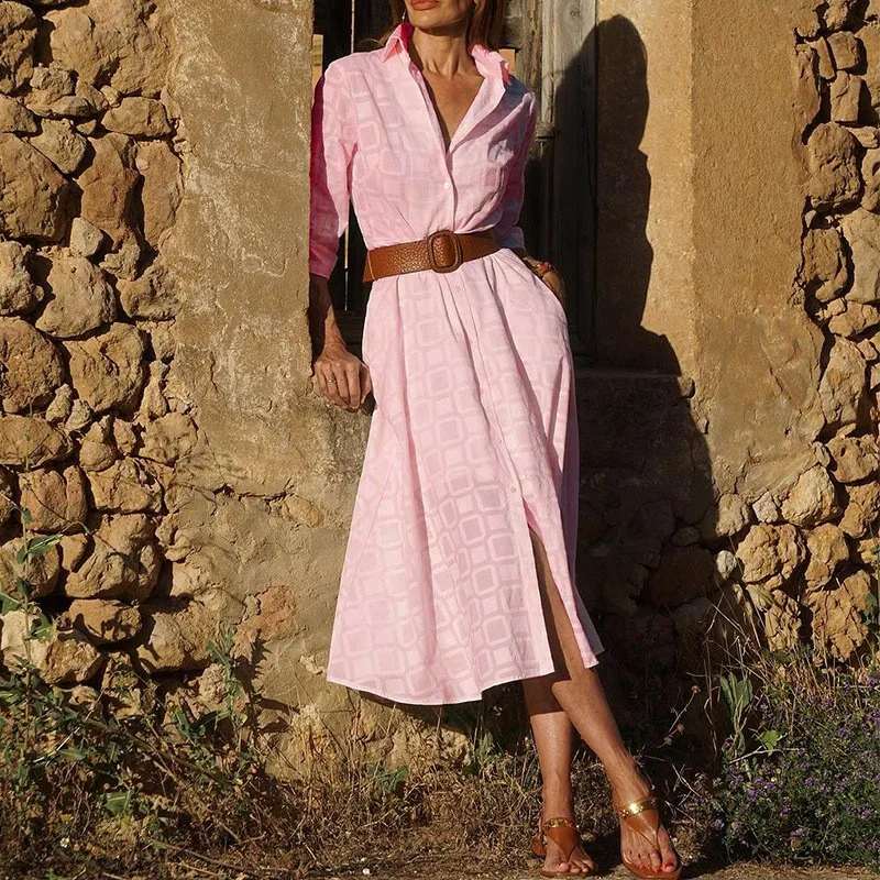 2023 Lente/Zomer Nieuwe Damesmode Plaid Woon-werkverkeer Stijl Effen Kleur Gedrukt Medium Tot Lange Knop Shirt Jurk voor Vrouwen