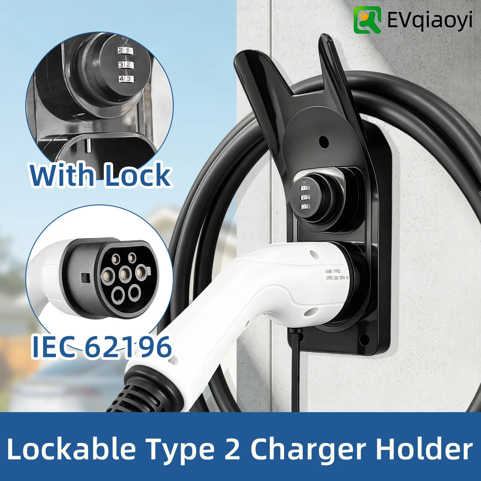 

EVqiaoyi Type 2 EV Charger Holder Charging Cable Hook Wall Mount Holster Dock for IEC 62196-2 Charging Stations