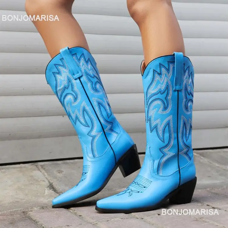 Cowgirl Boots Women Embroidery Knee High mid Calf Cowboy Boots Slip On Pointed Toe Candy Color Fashion Shoes Winter Western