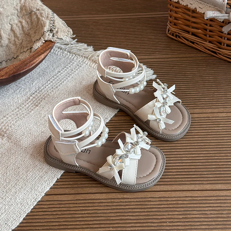 Girls Princess Shoes Elegant Pearl Children Roman Shoes Korean Style Versatile 2026 Summer New Kids Sandals Soft Bottom Non-slip