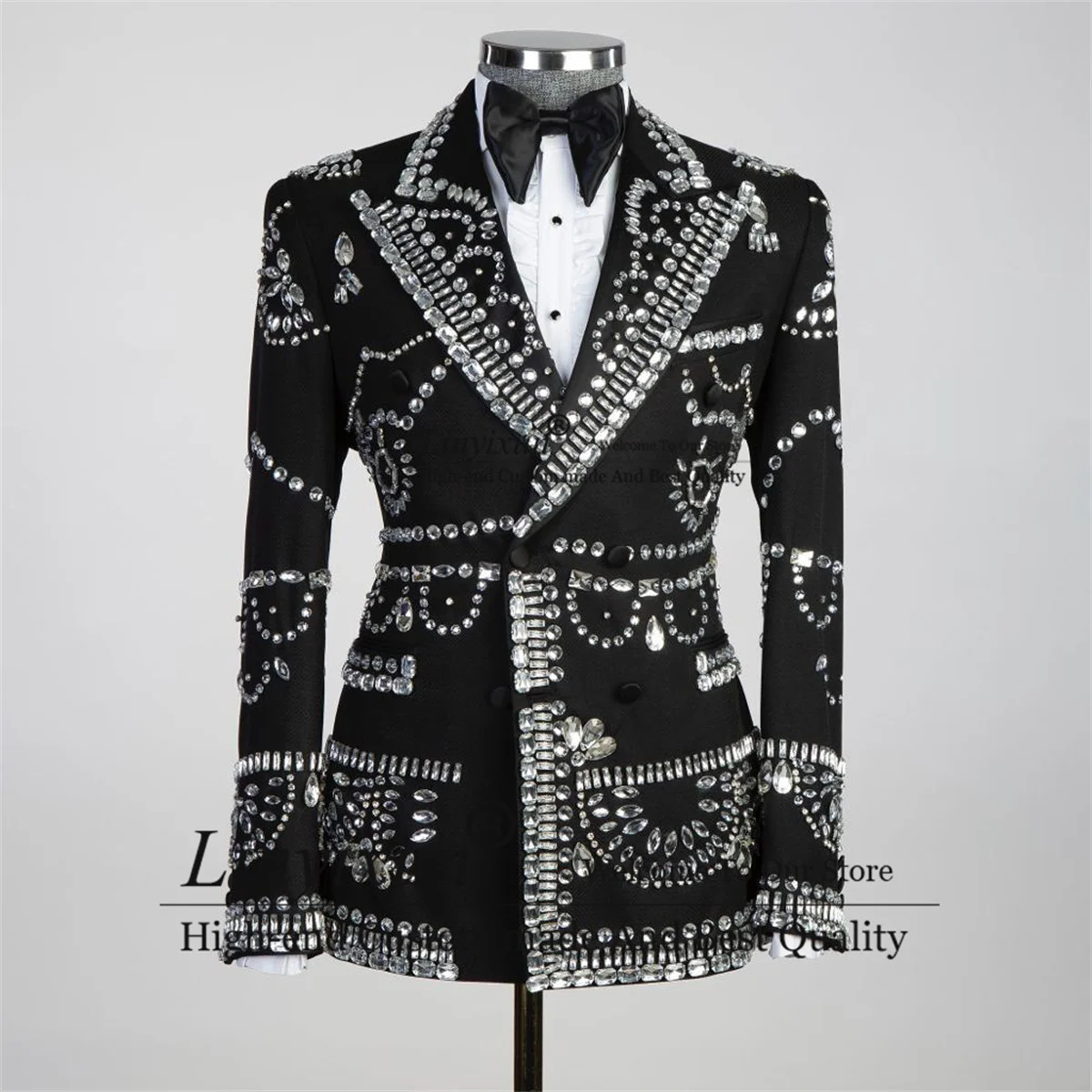 

Jewelry Ornament Tuxedos Men Suit Sliver Flash Metallic Wedding Groom Customized Male Prom Blazers 2 Pieces Set Coustome Homme