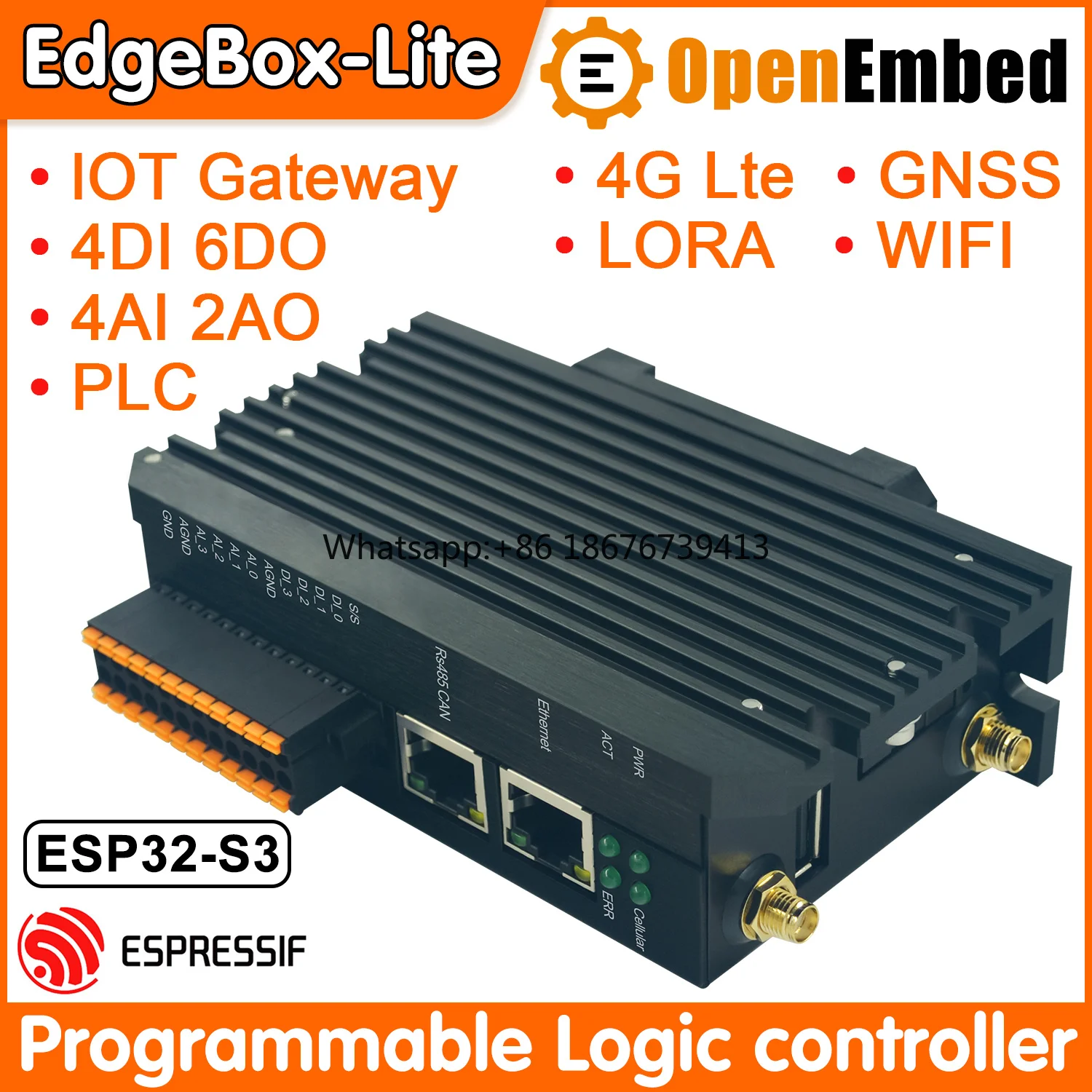 Customize EdgeBox-Lite ESP32 PLC Industrial IoT Controller PLC Programming Support 4G WiFi RS485 Gateway 512KB+8MB RAM 16MB