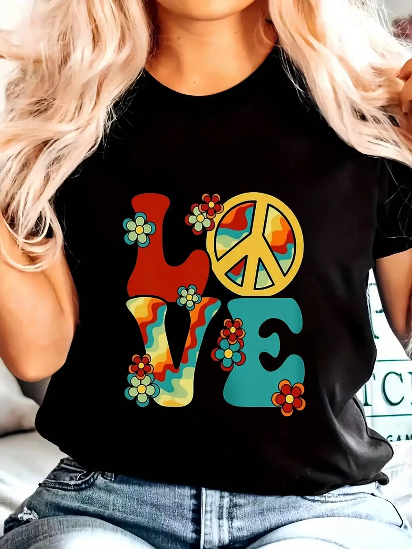 100% Cotton Love Peace Sign 60's 70's Costume Party Outfit Groovy Hippie T-Shirt