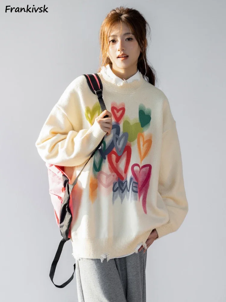 

Printing Sweaters Women Contrast Color Sweet Frayed Japanese Style Harajuku Y2K Autumn O-neck Baggy Pullover Tender Students