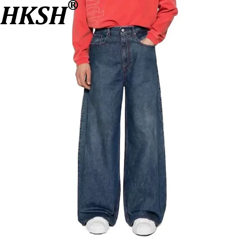 

HKSH Spring Autumn New Men Tide Vintage Jeans Washed Topstitch Baggy Women Wide Leg Faded Denim Pants Chic Ins Hig Street HK8740