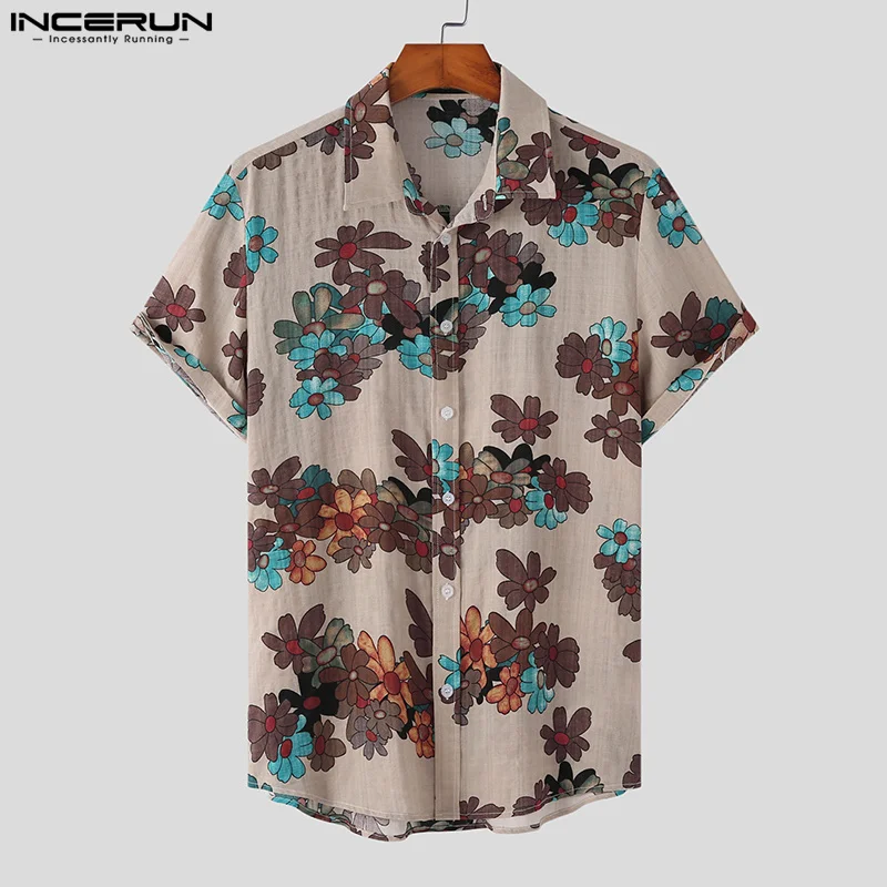 Men Hawaiian Shirt Flower Printing Lapel Short Sleeve Streetwear 2023 Casual Men Clothing Vacation Leisure Shirts S-5XL INCERUN