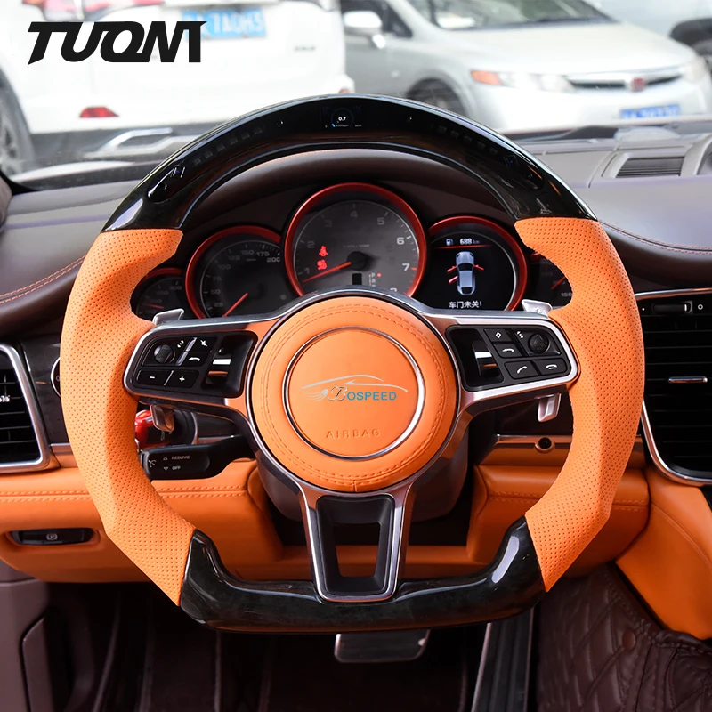 

Car Steering Wheel For Porsche Macan Panamera Cayenne Boxster 991 992 718 LED Gloss Carbon Fiber Orange Leather Custom