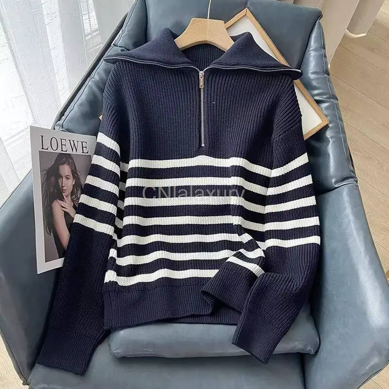 CNlalaxury Women Sweater 2023 Traf New Fashion Stripe Loose Knitting Sweaters Vintage Long Sleeve Asymmetry Female Pullover Tops