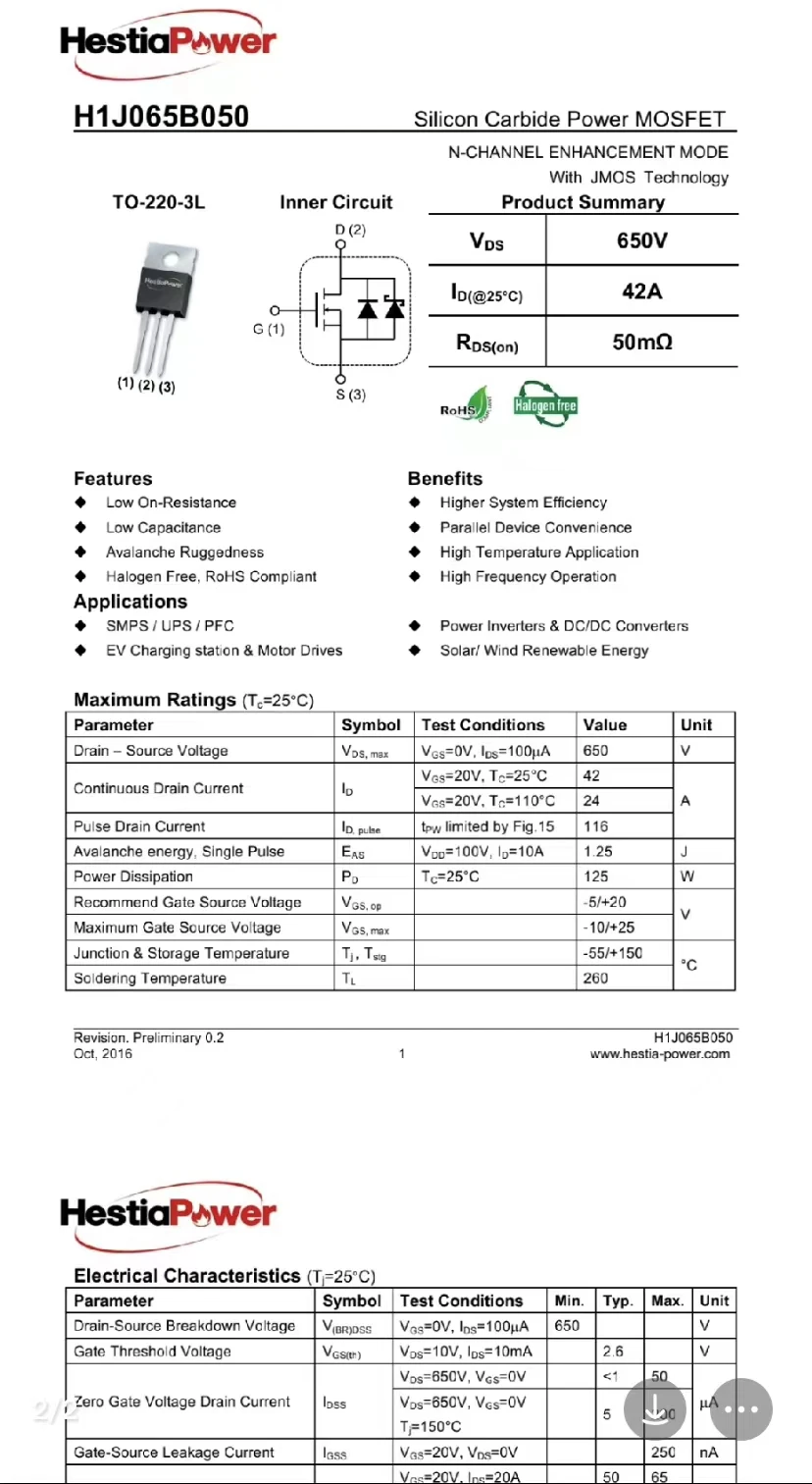 Transistor do efeito do meio campo do metal do carboneto de silicone, H1J065B050, TO-220, 650V, 42A, 50 mΩ