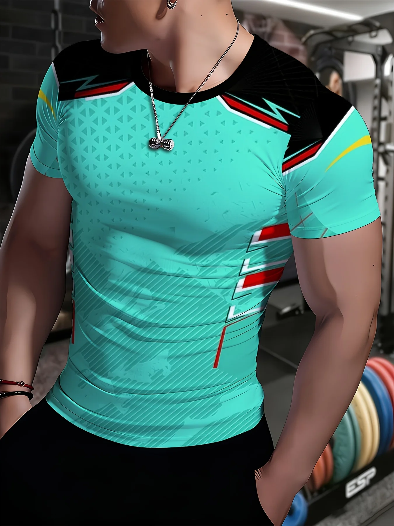 Men Sports Short Sleeve T-Shirt Quick Dry High Elastic Cyan Triangle Geometric Print Breathable Slim Training Top