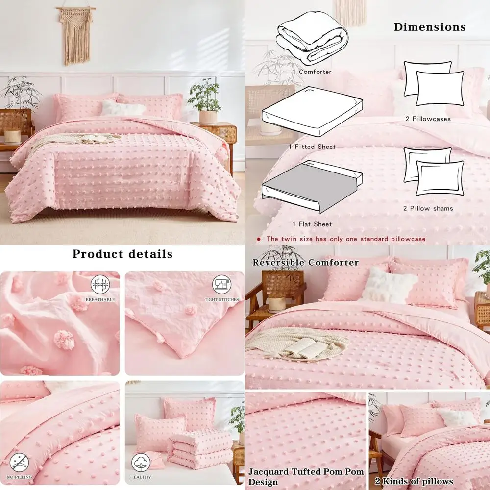 

Queen Size Pink Tufted Dots Bedding Set for Girls, Soft Embroidered Shabby Chic Boho Style, Pom Pom Trim, All-Season Jacquard Co