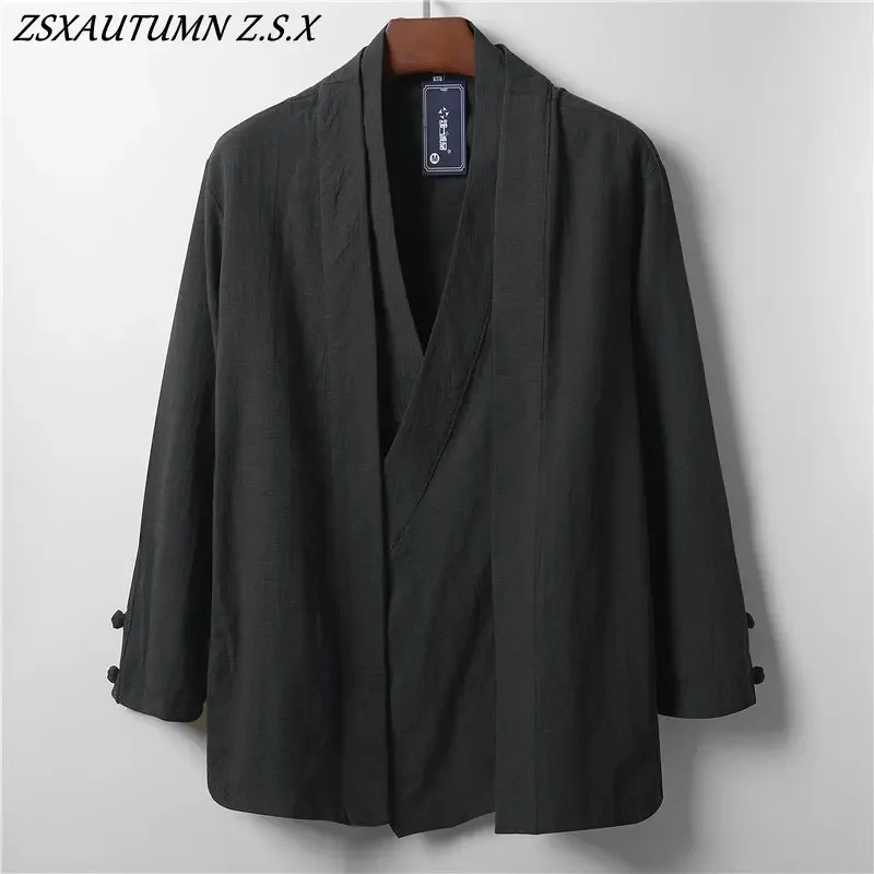 Chinese Style Men Linen Hanfu Cardigan Tops Zea Tea Kung Fu Shirts Japanese Kimono Jackets Coats Robe Oriental Fashion Clothing