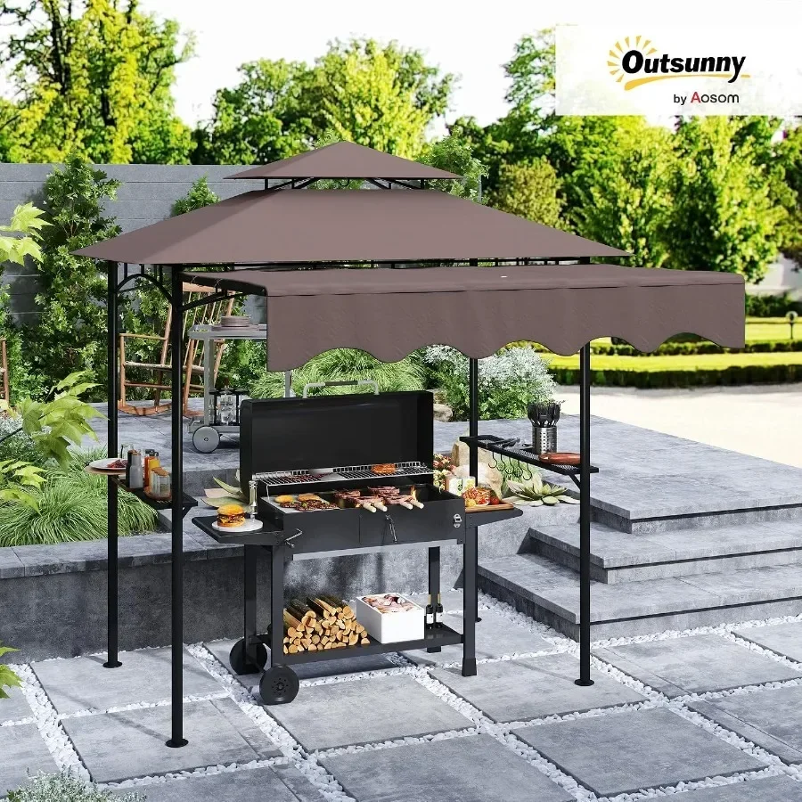 8'x7.6' Grill Gazebo Double Tiered Outdoor BBQ Gazebo, Brown