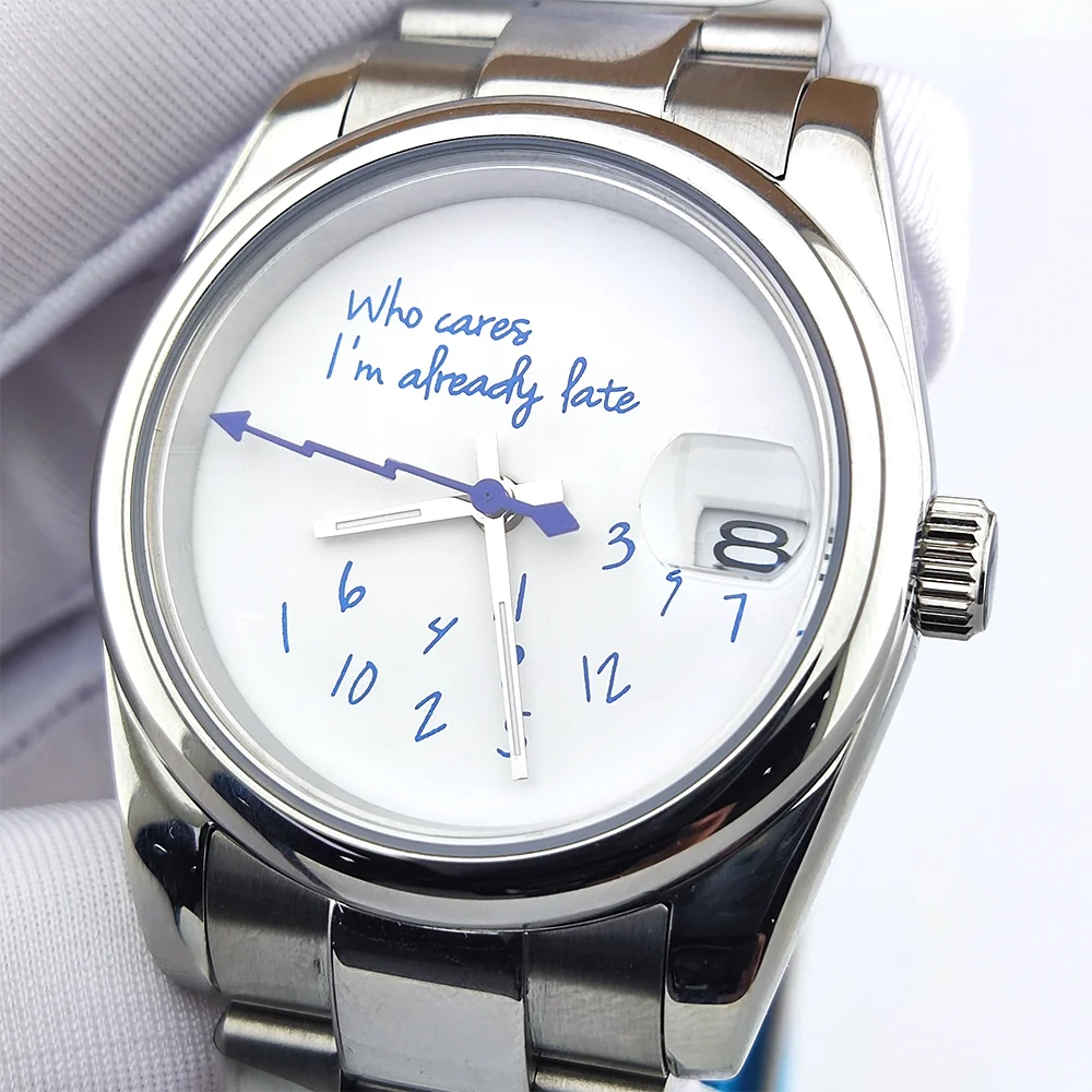 NH35 watch who cares im already late watch blue text dial 10bar waterproof sapphire glass 904L stainless steel watch men's watch image 4