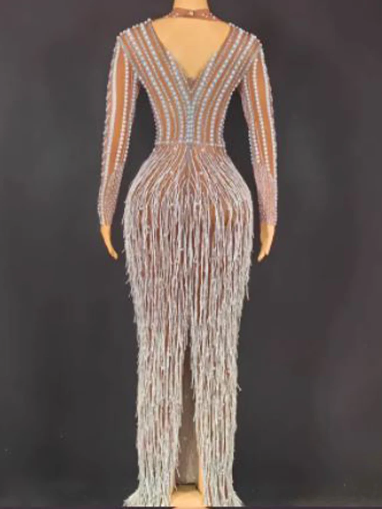 Wysokiej jakości gorąca koralik z frędzlami elastyczna rozcięty długa sukienka 2024 nowe modne ubrania damskie na zamówienie