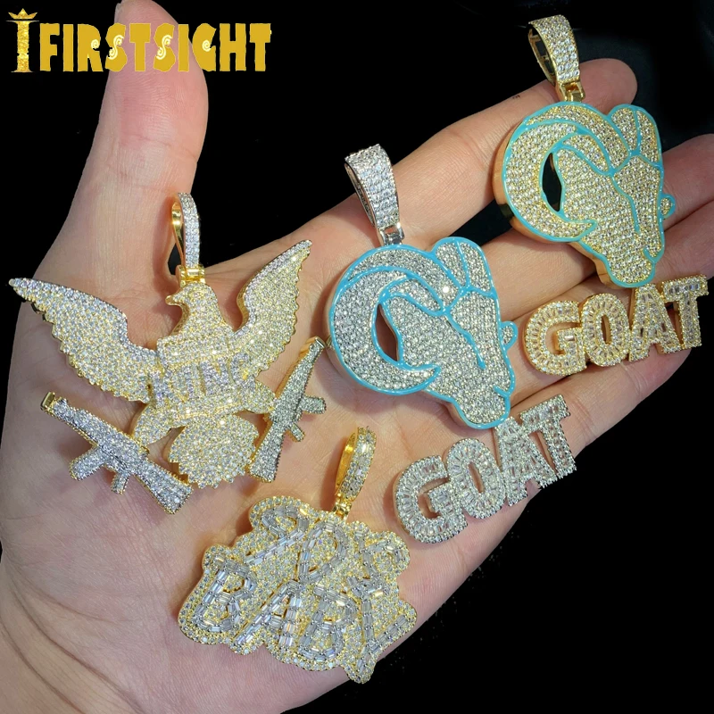 New Iced Out Bling CZ Letter Badge Pendant Necklace Cubic Zirconia Gold Color Lettes Money Charm Men Fashion Hip Hop Jewelry