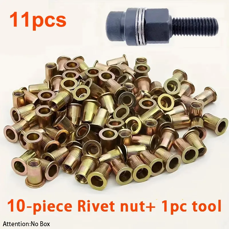 11pcs Heavy-Duty Rivet Nut Kit W/Tools (M3-M12) Zinc-Coated RH Threaded for Car Repair/Furniture/License Plate/Renovation