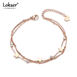 Lokaer Double Layers CZ Ctystal Star Charm Bracelet Bangle For Women Stainless Steel Bohemia Chain Link Bracelets Jewelry B19080