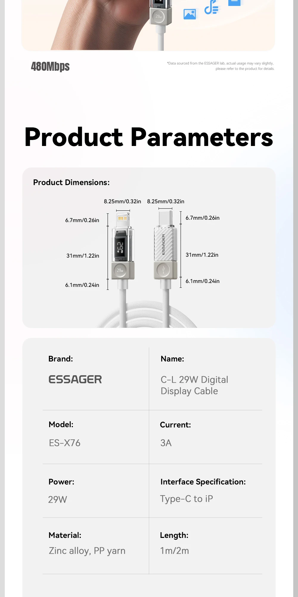 Essager USB-C-Kabel für iPhone 14 13 12 11 Pro Max Xs Digitalanzeigekabel PD 29 W Schnellladung Typ C zum Beleuchtungsdatenkabel – Detail 12