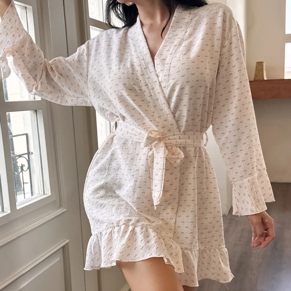 

cloud cotton robe, European hot-selling bathrobe, casual floral simple style, seersucker pajamas, home wear, morning robe
