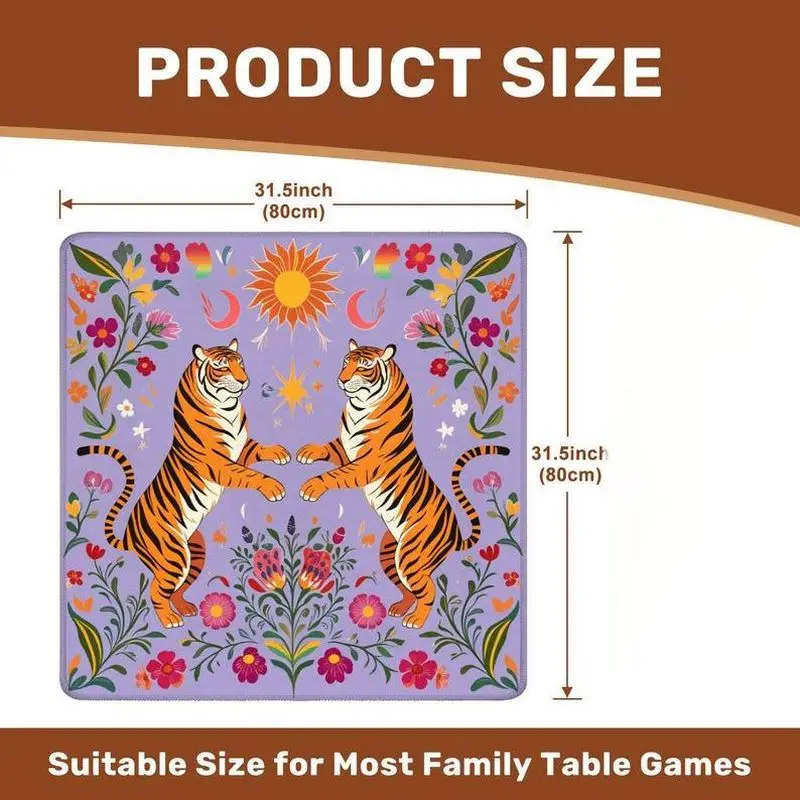 VIKAMA Sun and Moon Twin Tigers Floral Mahjong Table Mat, Noise-Reducing, Non-Slip Square Game Mat, Bohemian Table Decoration