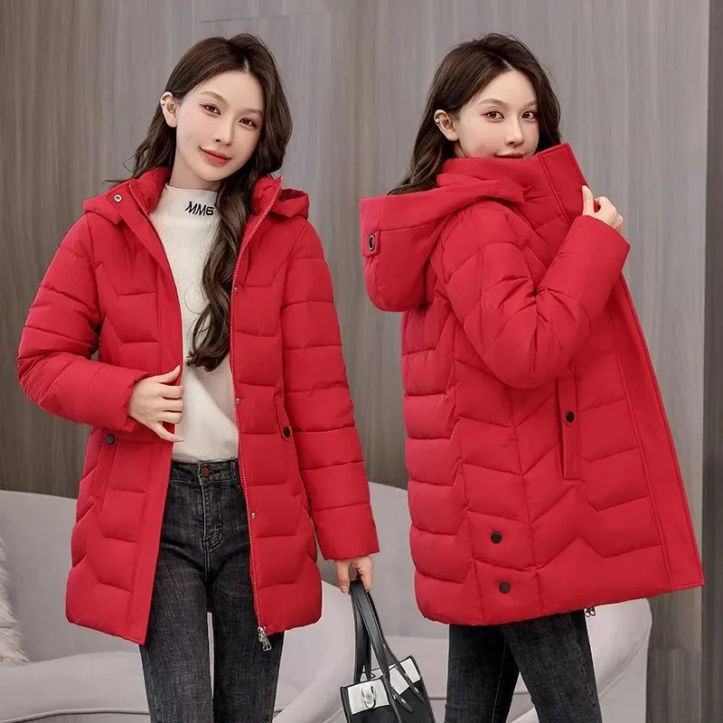 Long Slim Winter Ladies Cotton-Padded Jacket Warm 2023 New Winter Outerwear Hat Detachable Down Coat Women Parkas Large Size Top