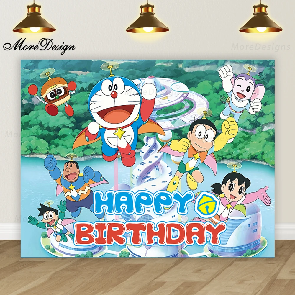 Fondo de tela de poliéster y vinilo para fiesta de cumpleaños de Doraemon, pancarta de dibujos animados para niños, decoración de fondo de Anime para Baby Shower