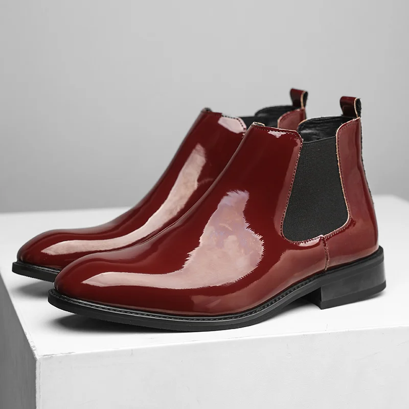 

British Style Red Chelsea Boots Men Fashion Design Patent Leather High Top Men's Ankle Boots Slip-on Pointed Toe Dress Shoes Man