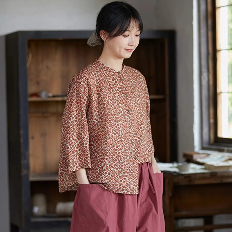 

Женская повседневная хлопковая рубашка, Новое поступление, лето 2025 года, винтажный стиль, свободные удобные женские базовые топы с цветочным принтом, M1099