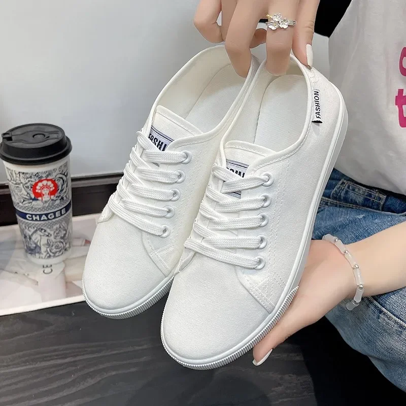 Zapatos vulcanizados de diseñador para mujer, calzado informal de lona, versátil, color blanco, a la moda, novedad de otoño, 2024