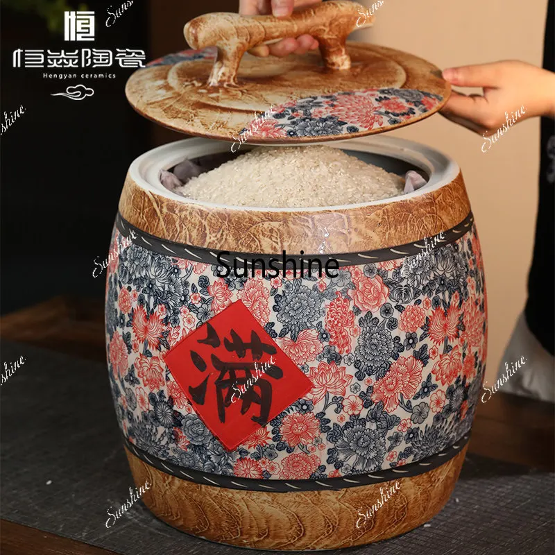 Ceramic rice tank household storage sealed insect-proof moisture miscellaneous grains retro Chinese style