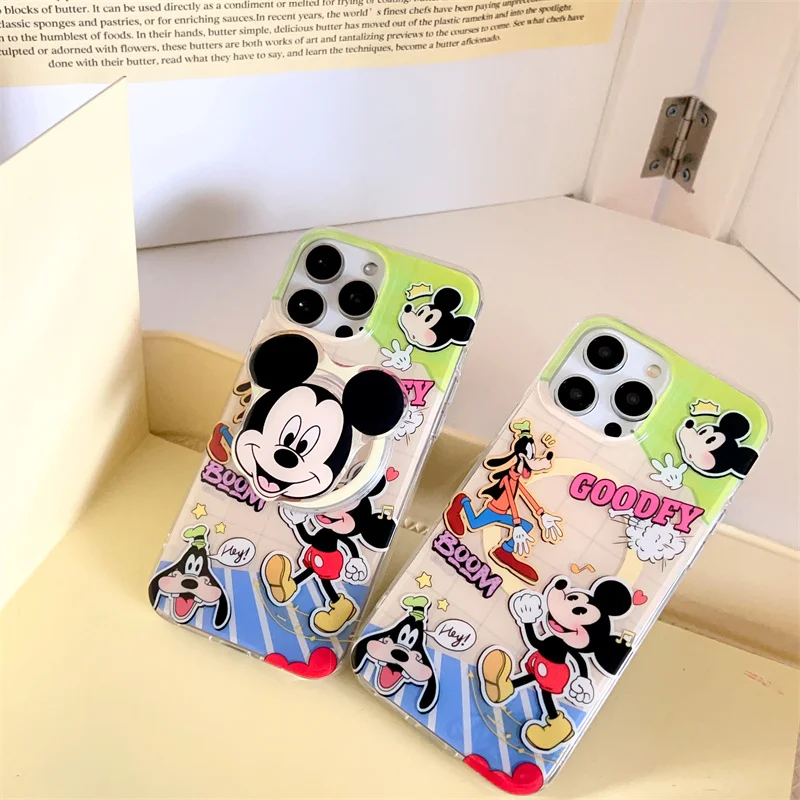 ديزني لطيف الحركة تشغيل ميكي ماوس بلوتو Magsafe اللاسلكية تهمة جراب هاتف آيفون 13 12 14 15 برو ماكس ثلاثية الأبعاد حامل مغناطيسي
