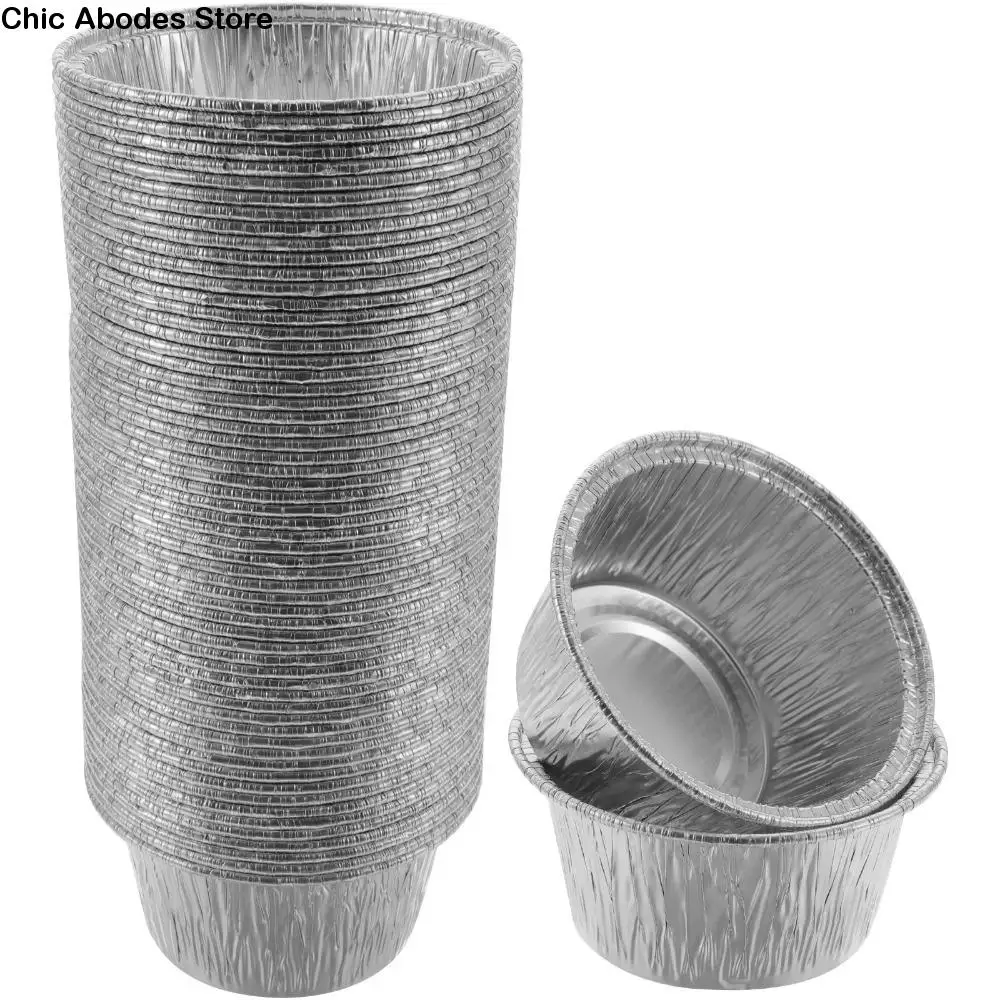 

50Pcs Disposable Aluminum Tin Foil Baking Pans Food Grade Practical Baking Cup Tray Oil-Proof Fast Heating Tinfoil Tray Pudding