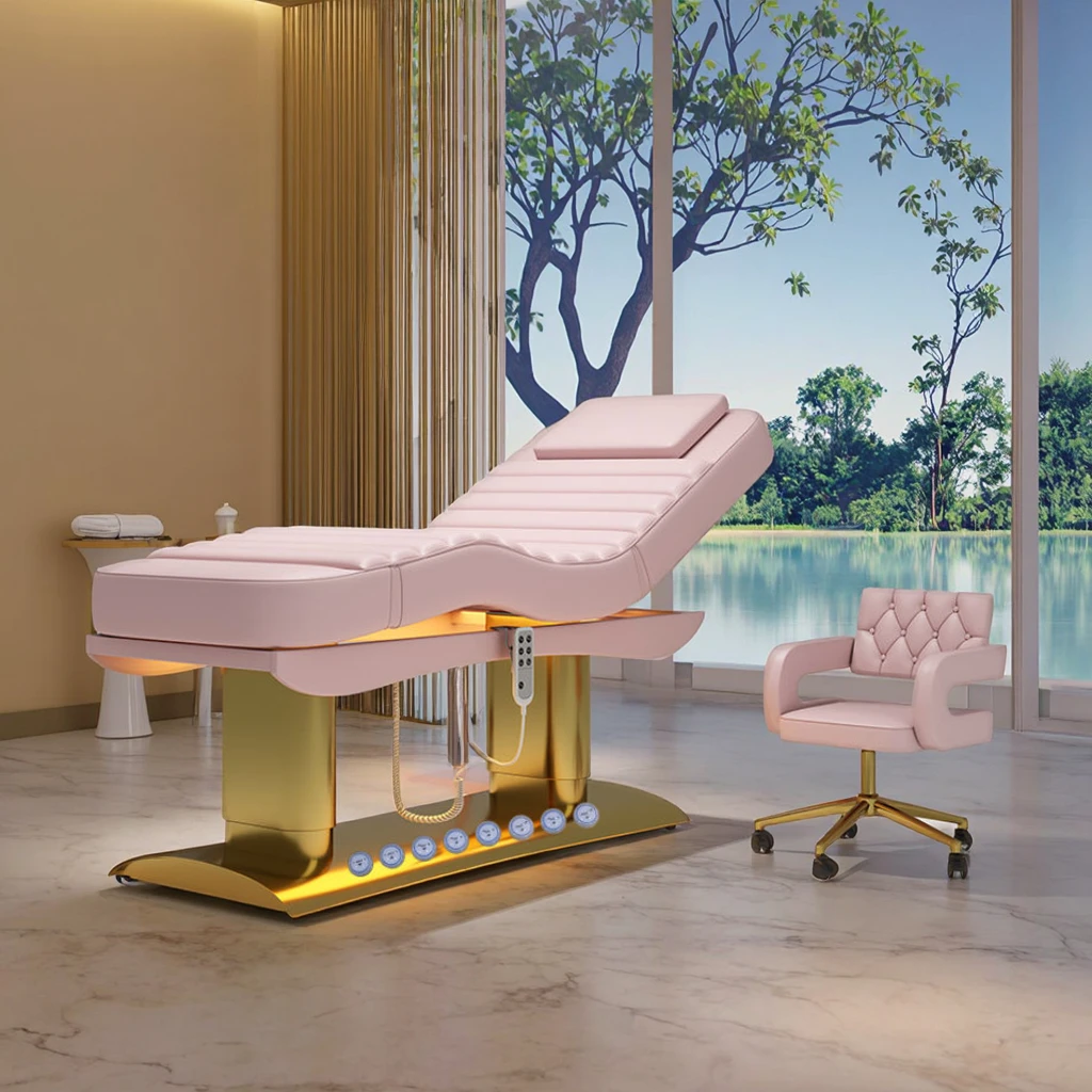 

Electric Massage Table, Gold Stainless Steel 4 Motor Spa Bed, Adjustable PU Leather Facial Bed, for Professional Salon Furniture