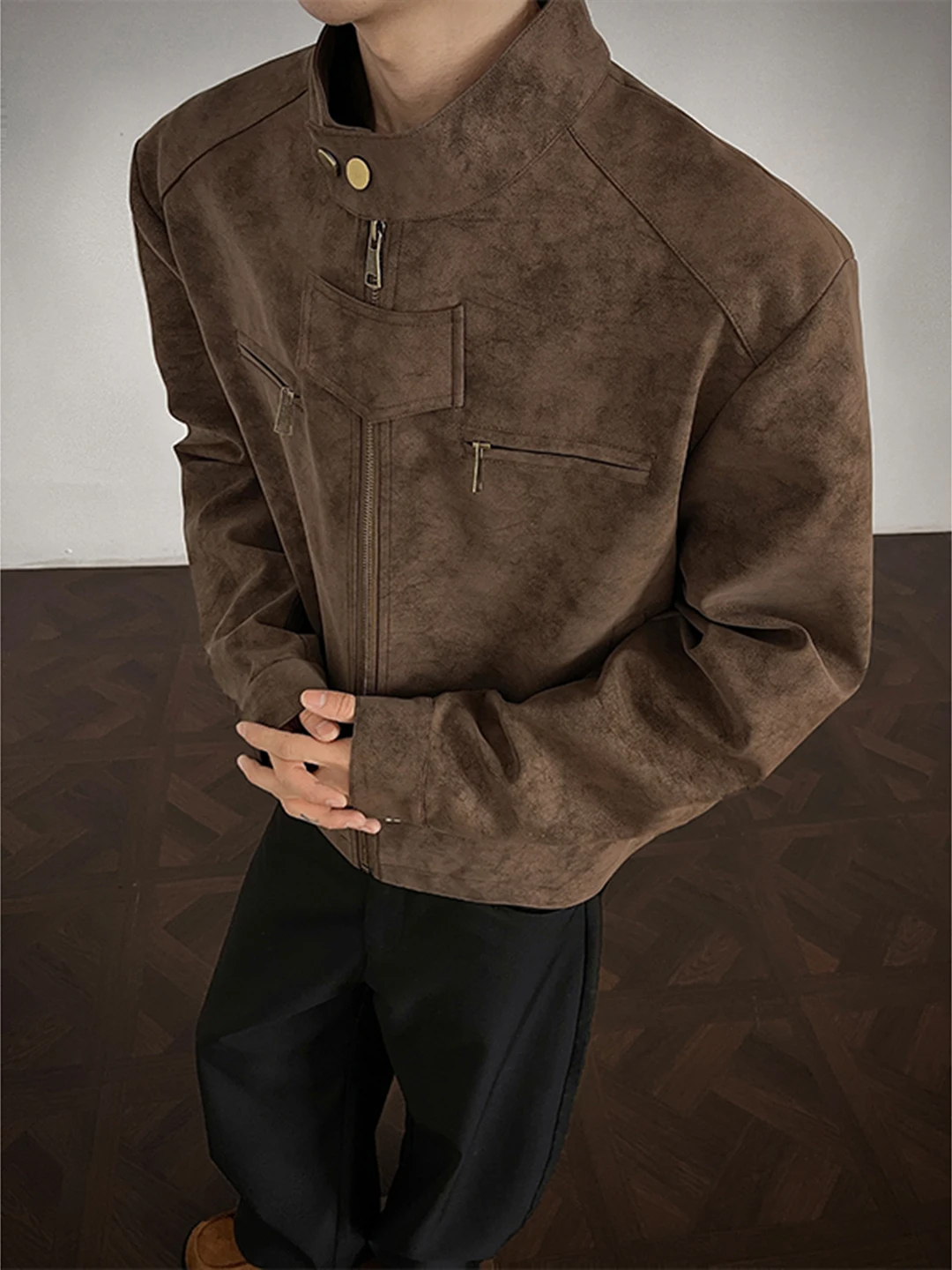 

Browan ort Padded oulder Leather Jaet Men's Cleanfit Harlington Sle American Retro Stand Collar Outerwear for Autumn