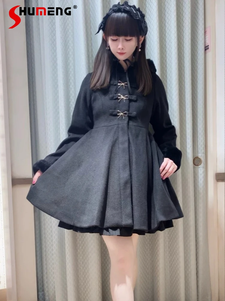 

Japanese Sweet Cute Girl Fluffy Hooded Woolen Coats Bow Single-Breasted Loose Versatile Kawaii Lolita Long Jackets Women Winter