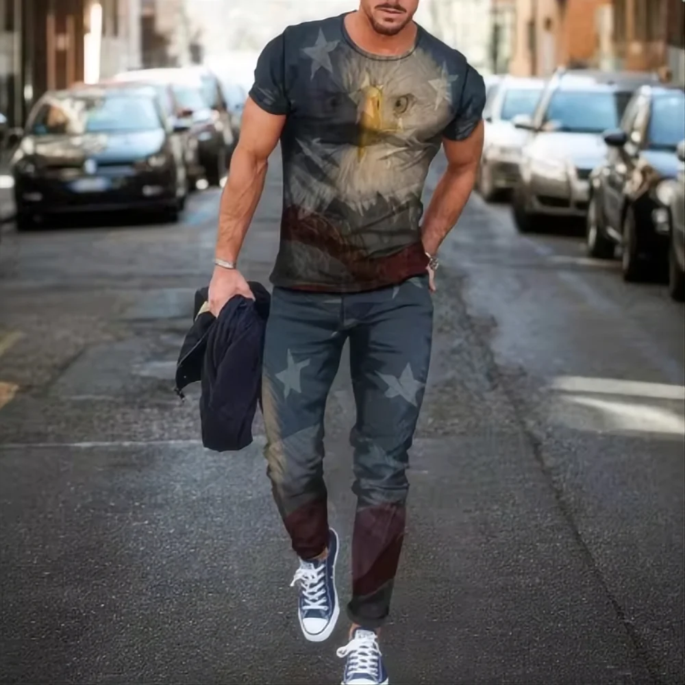 

Summer men's T-shirt pants sportswear American flag 3D printed T-shirt pants two-piece streetwear oversized suit