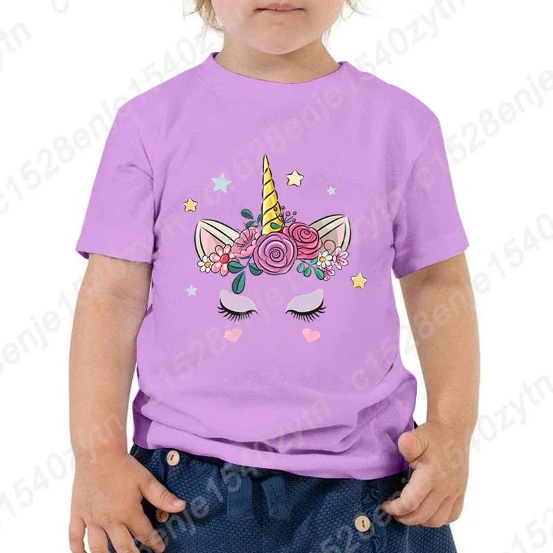 

Flower Unicorn Face Print T-shirt Children Girls Summer Short Sleeve T Shirt Round Neck Solid Color Tops Fashion Loose Soft Tees