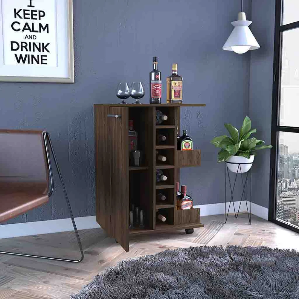 Bar Cart Four Casters Single Door Cabinet Two External Shelves Dark Walnut