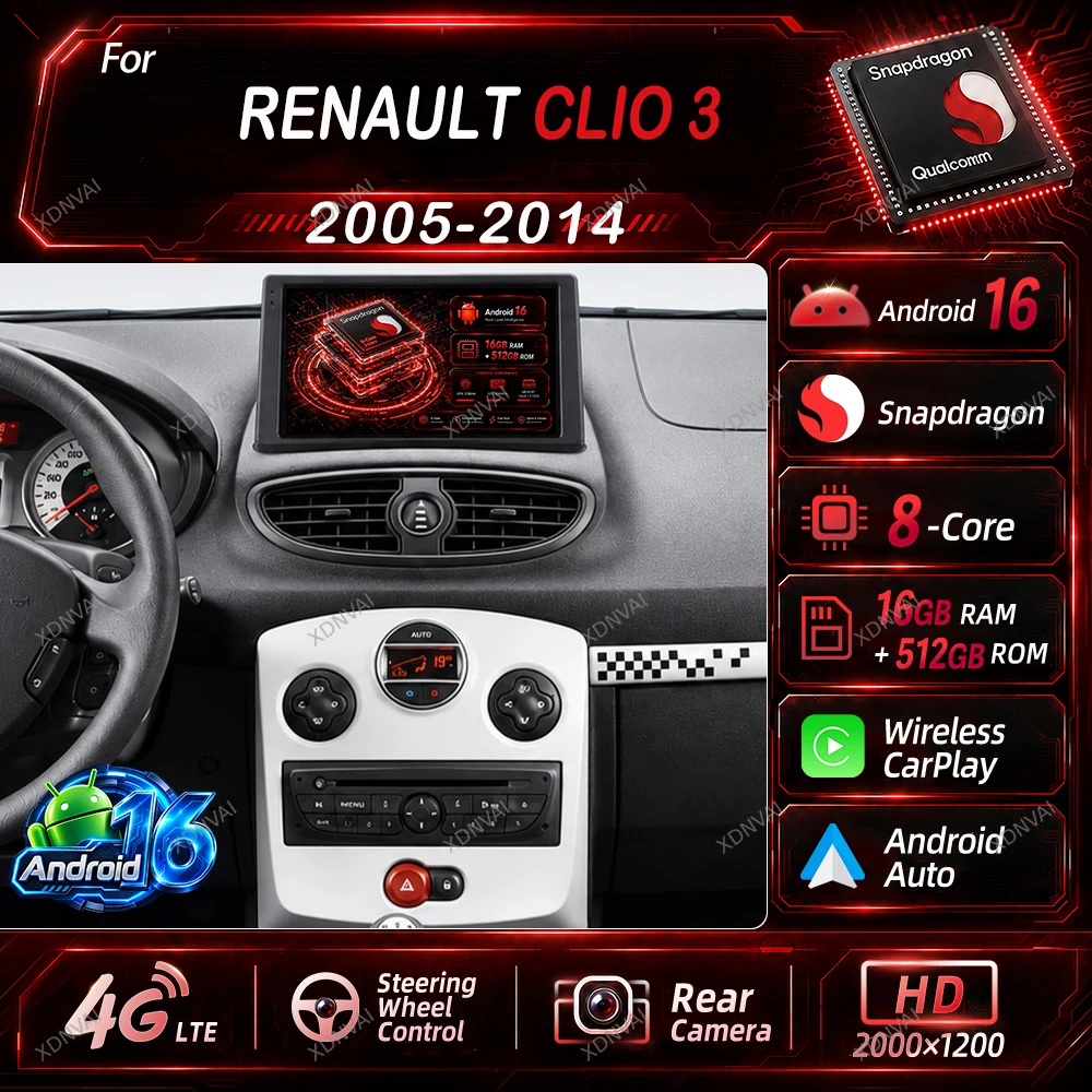 Android 16 Multimedia For Renault Clio 3 2005 2006 2007 2008 2009 2010-2014 Video Player Car Radio RDS Carplay 5G WIFI Autoradio