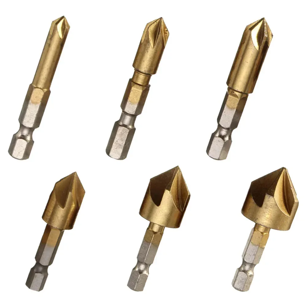 Mata bor, mata bor chamfer, alat bor Countersink untuk pekerjaan kayu dan lubang membuka 1/4 inci Hex Shank 6 ukuran tersedia