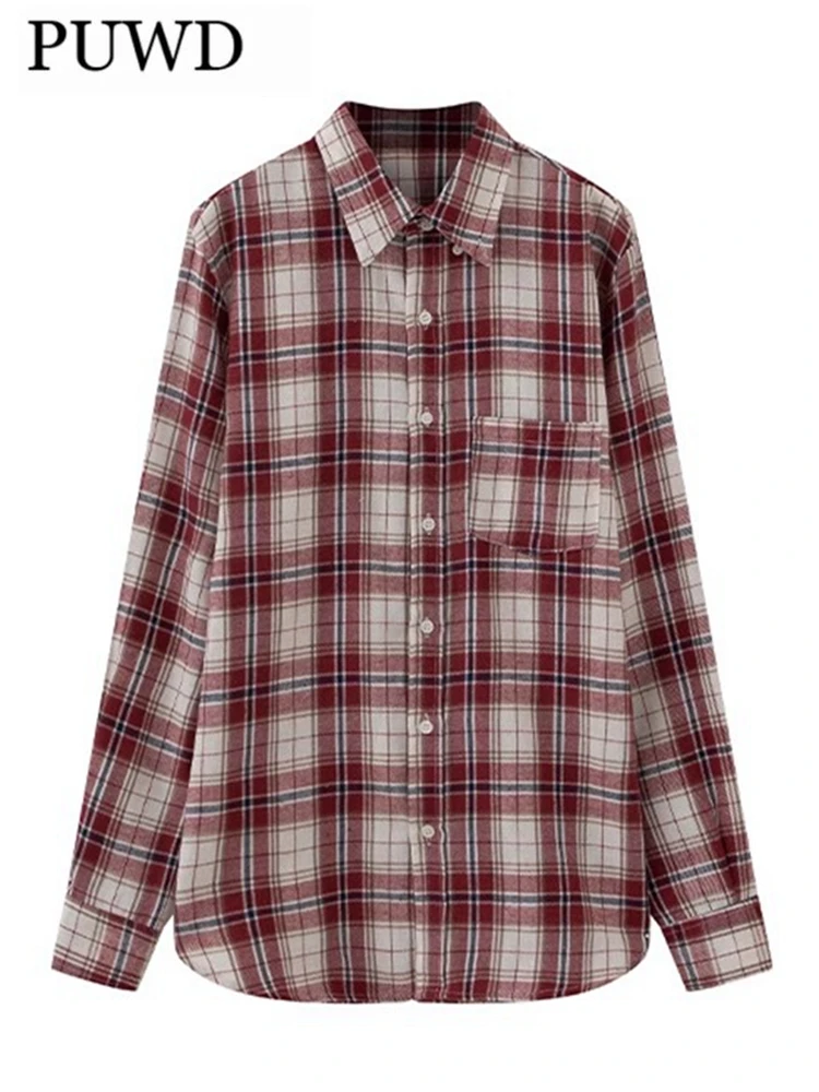 PUWD Vintage Women Turn Down Collar Plaid Shirts 2022 Fashion Ladies Pocket Wine Red Shirt Chic Female Loose Single Breasted Top