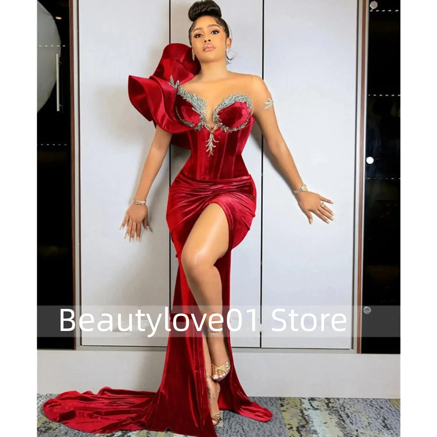 2024Arabic Plus Size Evening Dress Red Luxury Mermaid Ball Dress Velvet V-neck Formal Party Second Reception Dress Mary Robe