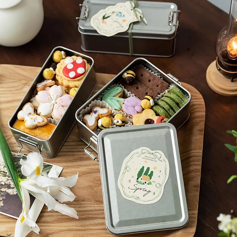 Rectangular Tinplate Cookie Tins Box With Lid Dustproof Home Kitchen Desktop Storage Tin For Candy Coffee Tea Jewelry Chocolate