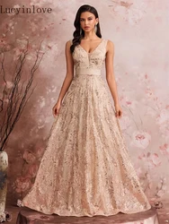 Lucyinlove Luxury Sexy Deep V-Neck Sequins Pink Evening Dress Women Elegant V-back Wedding Party Long Prom Cocktail Gowns