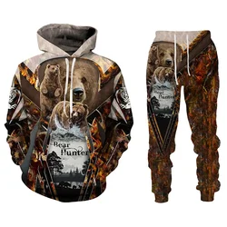 Men Clothing For Hoodies Suit Animals Bear 3D Print Camouflage Tracksuit Pants 2Pcs Sets Long Sleeve Pullover Oversize Suit